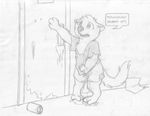  anthro barefoot bathroom clothing cub cute_fangs dialogue digitigrade dirty embarrassed english_text male mammal marten mizzyam mustelid open_mouth peeing public_restroom regi_marten shirt shorts solo speech_bubble text torn_clothing urine wetting young 