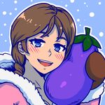  akairiot bad_id bad_tumblr_id blue_eyes blush braid brown_hair commentary eggplant food hood hood_down ice_climber long_hair lowres mittens nana_(ice_climber) object_hug open_mouth portrait side_braid single_braid smile snowing solo super_smash_bros. vegetable 