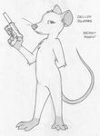  anthro buckteeth cahr:deller_squeaks digitigrade english_text featureless_crotch greyscale gun hand_behind_head handgun holding_object holding_weapon male mammal mizzyam monochrome mouse nude pencil_(artwork) pinup pistol pose ranged_weapon rodent solo standing teeth text traditional_media_(artwork) weapon whiskers 