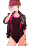  arm_at_side ass_visible_through_thighs bangs black_jacket bottle bottle_to_cheek breasts brown_eyes brown_hair closed_mouth collarbone collared_jacket commentary_request competition_swimsuit eyebrows_visible_through_hair hand_up highres holding holding_bottle jacket kuso_bba long_sleeves looking_at_viewer medium_breasts one-piece_swimsuit open_clothes open_jacket psycho-pass short_hair simple_background solo standing swimsuit swimsuit_under_clothes tsunemori_akane white_background 