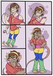  80s anthro brown_hair bubbeh buckteeth clothing comic ear_piercing eyewear female glasses hair headphones human jewelry leg_warmers legwear mammal necklace piercing rat ribbons rodent solo teeth transformation wererat 