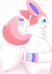  3sthrees anus blue_eyes blush breathing butt canine eeveelution female feral fur looking_back mammal nintendo open_mouth pink_fur pok&eacute;mon presenting pussy solo sweat sylveon video_games 