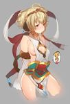  andira_(granblue_fantasy) banned_artist blonde_hair blush breasts circlet detached_sleeves erune granblue_fantasy grey_background highres looking_at_viewer nipples red_eyes short_hair simple_background small_breasts solo yuzuha 