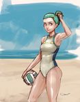  1girl alternate_hairstyle armpits ball beach beach_volleyball competition_swimsuit cowboy_shot darren_geers eureka eureka_seven eureka_seven_(series) green_hair half_updo highres ocean one-piece_swimsuit purple_eyes small_breasts solo swimsuit 