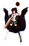  arm_cannon bad_id bad_pixiv_id bird_wings black_legwear black_wings bow brown_hair cape dyolf energy_gun full_body hair_bow highres long_hair mismatched_footwear puffy_short_sleeves puffy_sleeves red_eyes reiuji_utsuho shirt short_sleeves skirt solo space thighhighs thighs third_eye touhou transparent_background very_long_hair weapon wings zettai_ryouiki 