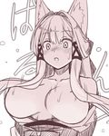  animal_ears blush breasts cleavage fox_ears hair_censor hair_over_breasts japanese_clothes kimono large_breasts long_hair monochrome nipples open_clothes open_mouth original sidelocks simple_background solo sweatdrop tamamo_(yagi) white_background yagi_(ningen) 
