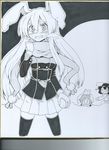  animal animal_ears animal_on_head arm_up bangs blush_stickers breath bunny bunny_ears bunny_girl bunny_on_head clenched_hand clenched_teeth coat flush futa_(nabezoko) gloves greyscale hair_between_eyes highres inaba inaba_tewi laughing long_hair miniskirt monochrome multiple_girls on_head pitfall pom_pom_(clothes) reisen reisen_udongein_inaba scarf shikishi short_hair sidelocks skirt snow snowball sparkle tearing_up teeth thighhighs touhou traditional_media wavy_mouth 
