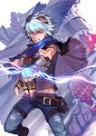  alternate_hair_color armor artist_name belt belt_pouch black_hair blue_eyes blue_hair capelet denim electricity ezreal gloves goggles goggles_on_head jeans league_of_legends long_hair male_focus multiple_boys pants pouch racoona shield taric torn_clothes 