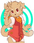  5_fingers aj_(ajisthebest) anthro bandanna bottomless brown_nose canine clothed clothing cub darkeshi half-dressed looking_at_viewer male mammal pose red_eyes simple_background smile solo standing young 