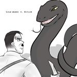  2016 adolf_hitler clothing dermino_(artist) digital_media_(artwork) english_text facial_hair giga_snake_(character) human knife mammal monster mustache nervous reptile scalie snake tagme text weapon 