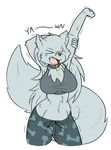  canine clothing collar female mammal navel open_mouth pajamas rakkuguy scar solo stretching velvela wolf yawn 