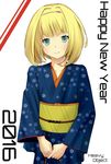  2016 amayo401 bangs blonde_hair blue_eyes breasts commentary_request hairband happy_new_year heavy_object highres japanese_clothes kimono looking_at_viewer milinda_brantini new_year short_hair small_breasts smile solo 