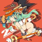  2016 animal_ears arched_back armlet ass blade_(galaxist) blush boots breasts cat_ears cat_tail cham_cham fang gloves green_eyes green_hair long_hair looking_at_viewer mask no_panties open_mouth paw_gloves paws red_background samurai_spirits simple_background small_breasts smile snk solo staff tail thigh_boots thighhighs white_legwear 