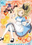  alice_(wonderland) alice_(wonderland)_(cosplay) alice_in_wonderland alternate_hairstyle apron blonde_hair bloomers blue_dress bow charlotte_(madoka_magica) cosplay cup dress flower hair_bow hair_down hair_ornament hat mad_hatter mad_hatter_(cosplay) mahou_shoujo_madoka_magica mary_janes official_art one_eye_closed pantyhose puffy_sleeves saucer shoes smile tea teacup tomoe_mami top_hat trading_card underwear white_legwear yellow_eyes 