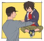  baseball_cap big_hero_6 black_hair brothers brown_eyes crossed_arms hat hiro_hamada hood hoodie indian_style kua_(qa) looking_at_another male_focus multiple_boys outside_border shoes siblings sitting smile sneakers spiked_hair square tadashi_hamada twitter_username yellow_background 