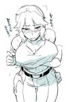  1girl bangs belt breast_squeeze breasts commentary_request faceless faceless_male female_admiral_(kantai_collection) flying_sweatdrops groping hand_on_another's_hip ikeshita_moyuko kantai_collection large_breasts leaning_forward navel pants parted_bangs shiomi_kaoru shirt_lift sidelocks sketch tank_top translation_request 