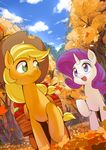 apple applejack autumn autumn_leaves bangs blonde_hair blue_eyes blue_sky caibao cloud cowboy_hat curly_hair day eyelashes food fruit green_eyes hat highres looking_at_another multiple_girls my_little_pony my_little_pony_friendship_is_magic no_humans open_mouth pony ponytail purple_hair rarity sky smile unicorn 