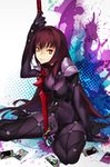  92m arm_support bodysuit breasts card covered_navel fate/grand_order fate_(series) gae_bolg large_breasts long_hair looking_at_viewer paint paint_splatter pauldrons polearm purple_bodysuit purple_hair red_eyes scathach_(fate)_(all) scathach_(fate/grand_order) sitting smile solo spear stabbed very_long_hair weapon 