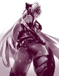  ass elbow_gloves foreshortening from_behind gloves hand_on_hip highres long_hair looking_back monochrome negresco simple_background solo t-elos thigh_strap xenosaga 