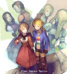  4girls agrias_oaks ahoge alma_beoulve armor bad_id bad_pixiv_id blonde_hair boots braid brown_hair delita_heiral elbow_pads final_fantasy final_fantasy_tactics gloves knight leaf long_hair multiple_boys multiple_girls ochazuke_gohan ovelia_atkascha pauldrons ramza_beoulve single_braid tietra_heiral 