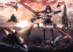  ace_combat ace_combat_5 aircraft airplane big.g black_hair bow_(weapon) breasts brown_eyes crossbow crossover f-14_tomcat fighter_jet japanese_clothes jet kantai_collection long_hair medium_breasts military military_vehicle razgriz reflection scythe shouhou_(kantai_collection) skirt solo thighhighs weapon 