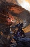  armor artstation_sample axe battle_axe dragon fangs from_behind full_armor halberd helmet highres huge_weapon image_sample in_ho_choi knight male_focus monster nostrils polearm scales solo talons teeth weapon 