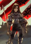  armor brown_eyes brown_hair contrapposto garter_straps gauntlets long_hair looking_to_the_side natsuhara original polearm shield shoulder_armor solo spaulders standing thighhighs turtleneck weapon 