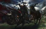  axe bangs battle blonde_hair cloud cloudy_sky commentary_request dark epona holding holding_sword holding_weapon horse horseback_riding king_bulblin left-handed light_rays link master_sword open_mouth outdoors riding sky sword the_legend_of_zelda the_legend_of_zelda:_twilight_princess weapon 