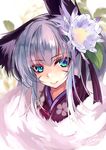  animal_ears aqua_eyes dog_ears facial_mark flower fur_trim hair_flower hair_ornament japanese_clothes original shirokitsune smile solo white_hair 