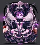  alternate_costume alternate_hairstyle artist_name black_hair bug commentary cupcake dress extra_eyes fangs food frilled_shirt_collar frills heart highres icing insect_girl looking_at_viewer monster_girl muffet multiple_arms purple_eyes purple_skin rotodisk silk smile spider spider_web tiara undertale 