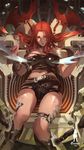  armband artist_name bad_artstation_id bad_id belt blade breasts choker facial_mark gisuka_yan highres large_breasts lipstick long_hair machine makeup navel nipples red_eyes red_hair restrained shorts sitting skindentation solo thigh_strap torn_clothes 
