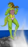  2016 alligator anthro brown_hair clothed clothing crossdressing dr_zombie girly green_skin hair long_hair male open_mouth reptile russie scalie sea smile solo swimsuit teeth water wave 