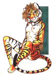  2005 absurd_res areola breasts brown_hair claws dreadlocks feline female fur green_eyes hair hi_res looking_at_viewer mammal nipples nude orange_fur ponytail simple_background sitting smile solo stripes terrie_smith tiger toe_claws 