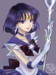  2016 bishoujo_senshi_sailor_moon black_hair bow brooch brown_bow choker cowboy_shot dated earrings elbow_gloves ginshima_jill gloves holding holding_spear holding_weapon jewelry looking_at_viewer magical_girl polearm purple purple_background purple_eyes purple_sailor_collar purple_skirt sailor_collar sailor_saturn sailor_senshi_uniform short_hair signature silence_glaive skirt smile solo spear staff star star_choker tiara tomoe_hotaru weapon white_gloves 
