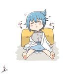  =_= barefoot blue_hair collared_shirt commentary_request cushion labcoat personification shirt signature sitting skirt sleeping sleeping_upright solo spread_legs tsukigi twitter twitter-san twitter-san_(character) 