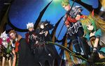  4boys absurdres achilles_(fate) amakusa_shirou_(fate) animal_ears atalanta_(fate) black_dress black_hair black_legwear bow_(weapon) brown_eyes brown_hair detached_sleeves dress fate/apocrypha fate_(series) green_eyes green_hair highres holding karna_(fate) konoe_ototsugu long_hair multiple_boys multiple_girls one_eye_closed pleated_skirt pointy_ears polearm semiramis_(fate) short_hair shoulder_armor silver_hair skirt sky spaulders spear spiked_hair star_(sky) starry_sky strapless strapless_dress thighhighs weapon william_shakespeare_(fate) yellow_eyes 