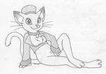  anthro arm_support bottomless cat clothed clothing collar convenient_censorship feline female greyscale half-dressed hat keyhole_turtleneck looking_at_viewer mammal mizzyam monochrome pencil_(artwork) reclining sitting smile solo sweater traditional_media_(artwork) unknown_character whiskers 