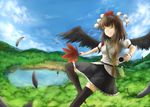  ;) bag belt bird_wings black_hair black_legwear blue_sky camera cloud day feather_fan feathers fen_zuo flying folded_leg forest geta hat lake looking_to_the_side nature one_eye_closed outdoors outstretched_arm over-kneehighs puffy_short_sleeves puffy_sleeves satchel shameimaru_aya short_hair short_sleeves skirt sky smile solo tengu-geta thighhighs tokin_hat touhou wings 