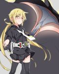  belt black_legwear black_serafuku black_skirt blonde_hair blush commentary_request crescent crescent_moon_pin crotch_seam from_below hair_ornament highres kamen_rider kamen_rider_555 kantai_collection long_hair long_sleeves looking_at_viewer low_twintails mtu_(orewamuzituda) multiple_views necktie panties parody pleated_skirt rider_belt satsuki_(kantai_collection) school_uniform serafuku skirt smile thighhighs twintails underwear upskirt white_neckwear white_panties yellow_eyes 