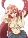  :d belt breasts cleavage covered_nipples cowboy_shot fang hair_ornament hairclip lamia large_breasts long_hair miia_(monster_musume) monster_girl monster_musume_no_iru_nichijou navel open_mouth pointy_ears red_hair scales shirt simple_background skirt slit_pupils smile solo tied_shirt trf_honeycomb v very_long_hair white_background yellow_eyes 