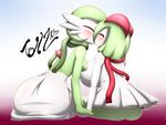  2016 anthro anthrofied areola big_breasts blue_background blush bottomless breasts butt clothed clothing duo english_text eyes_closed female female/female gardevoir green_hair green_skin hair half-dressed horn huge_breasts humanoid kirlia kissing nintendo nipples pok&eacute;mon pok&eacute;morph rear_view red_background scarf side_boob signature simple_background tailzkim text video_games white_background white_skin 