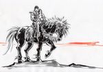  1girl hayama_jun'ichi hokuto_no_ken horse horseback_riding kenshirou kokuou-gou marker_(medium) monochrome multiple_riders muscle riding shoulder_pads sidesaddle spot_color traditional_media yuria_(hokuto_no_ken) 