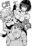  2girls android anger_vein bald breasts cleavage crossed_arms curly_hair fubuki_(one-punch_man) genos greyscale kiyosumi_hurricane medium_breasts monochrome multiple_boys multiple_girls one-punch_man open_mouth saitama_(one-punch_man) short_hair siblings simple_background sisters small_breasts sweatdrop tatsumaki teeth white_background 