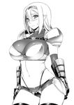  armor bikini_armor blush breasts greyscale halter_top halterneck large_breasts monochrome namidame pointy_ears shoulder_pads smile solo thong 