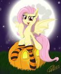  2015 bat_pony clothing equine female feral flutterbat_(mlp) fluttershy_(mlp) friendship_is_magic grass hair halloween holidays horse leg_warmers legwear looking_at_viewer mammal moon my_little_pony open_mouth pony pumpkin signature sky socks solo teeth tongue tongue_out wan1357 wings 