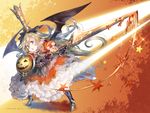  :o armor armored_boots bat_wings black_wings blonde_hair blue_eyes boots bow bowtie breastplate charlotta_fenia crown dress frilled_dress frills full_body gauntlets gradient granblue_fantasy grey_bow hair_between_eyes hair_ornament holding holding_sword holding_weapon huge_weapon jack-o'-lantern legs_apart long_hair md5_mismatch motion_lines open_mouth orange_dress pointy_ears print_dress puffy_short_sleeves puffy_sleeves red_dress shield short_sleeves solo sparkle standing star sword very_long_hair weapon wings yuugen 