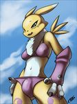  bikini bulge chest_tuft clothed clothing cloud coszcatl dickgirl digimon half-closed_eyes intersex looking_at_viewer navel open_mouth outside renamon smile solo standing swimsuit teeth tongue tongue_out tuft 