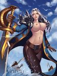  absurdres alternate_hair_color artist_name blue_eyes breasts brown_gloves character_name from_below garen_crownguard genderswap genderswap_(mtf) gloves highres huge_weapon large_breasts league_of_legends lips long_hair looking_at_viewer looking_to_the_side nipples open_clothes parted_lips pirate_costume shoulder_armor silver_hair smile solo spaulders standing sword wading wavy_hair weapon yus 