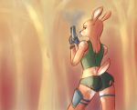  2018 anthro brown_fur butt cervine cigarette clothed clothing digital_media_(artwork) female flawn fur gloves gun handgun holding_object holding_weapon looking_at_viewer looking_back mammal ranged_weapon rear_view shirt shorts simple_background smoke smoking solo standing tank_top weapon 