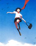  :o animal artist_name bag bird black_hair black_legwear black_skirt blue_sky blush brown_eyes brown_footwear cloud day flying guweiz jumping kneehighs konno_makoto loafers looking_at_viewer open_mouth outdoors red_scarf scarf school_bag shoes short_hair short_sleeves skirt sky solo teeth toki_wo_kakeru_shoujo 